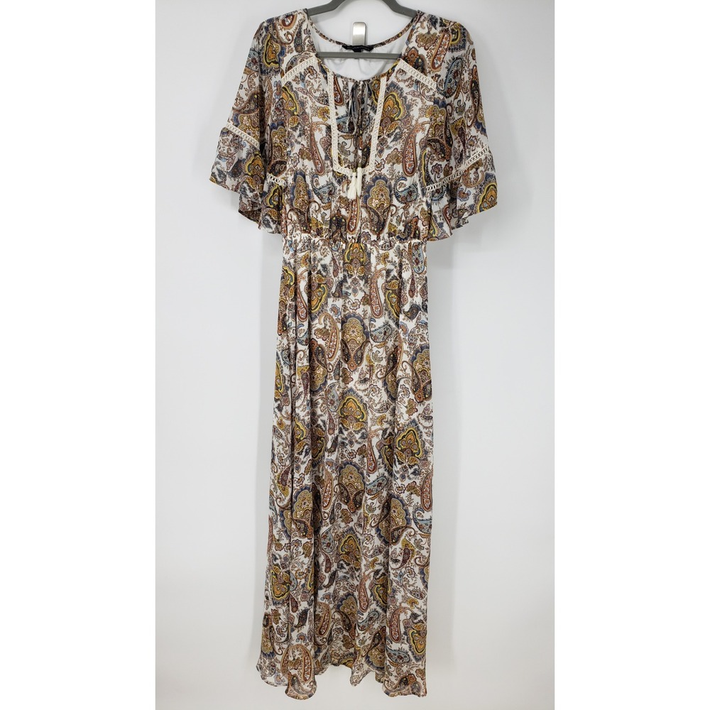 Signature Studio Paisley Boho Maxi Dress Sz Small Peasant Flutter Sleeve Brown - Picture 2 of 10